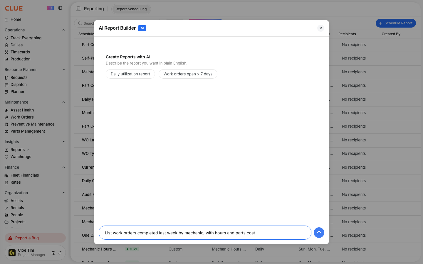 AI Report Builder window with a plain English request typed in and suggested prompts above