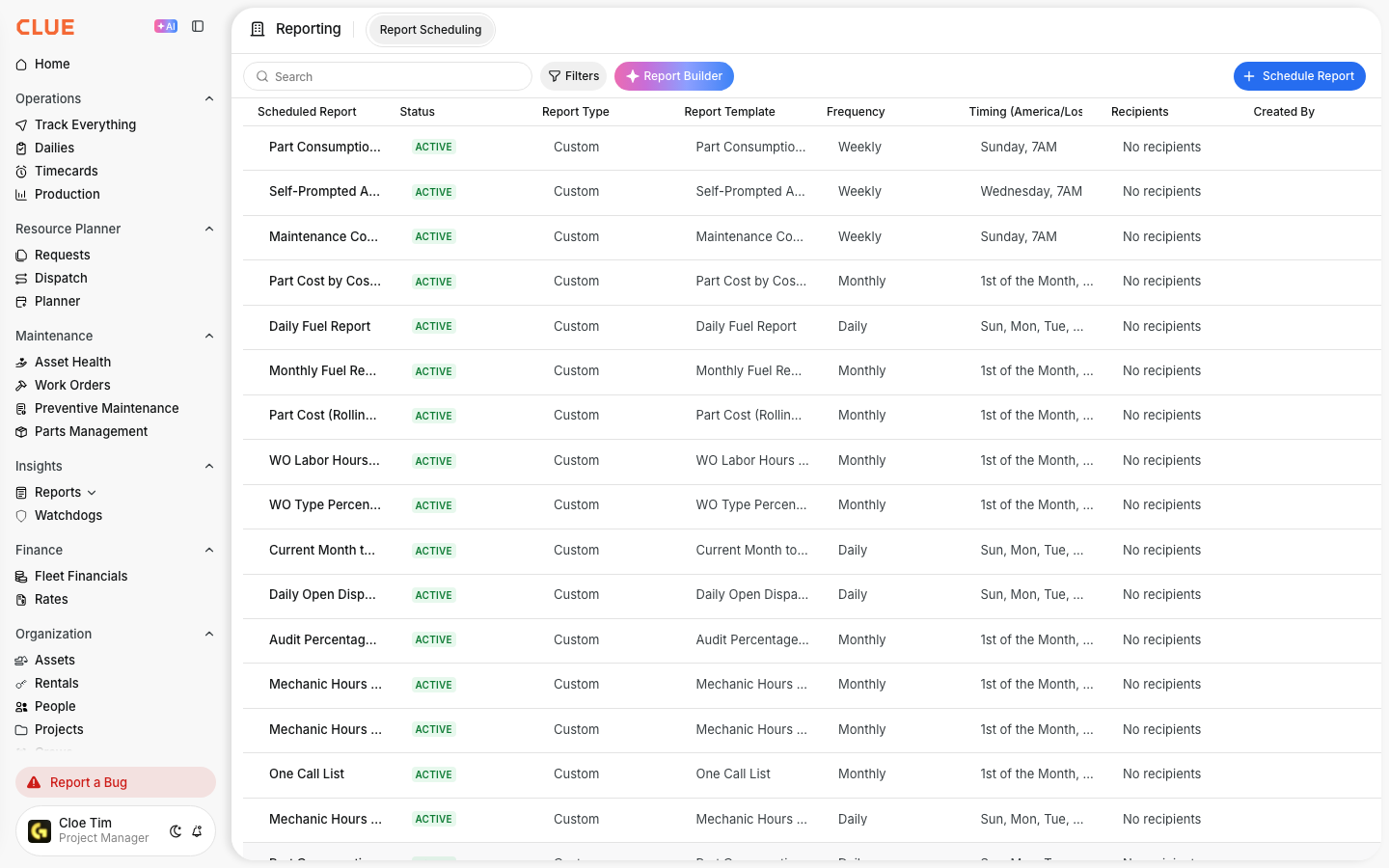 Reporting page with the Report Builder button next to filters, above the list of scheduled reports