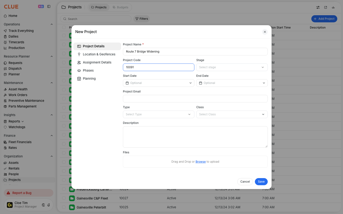 New Project window with project name, code, stage, dates, type, class and tabs for location, assignments and phases