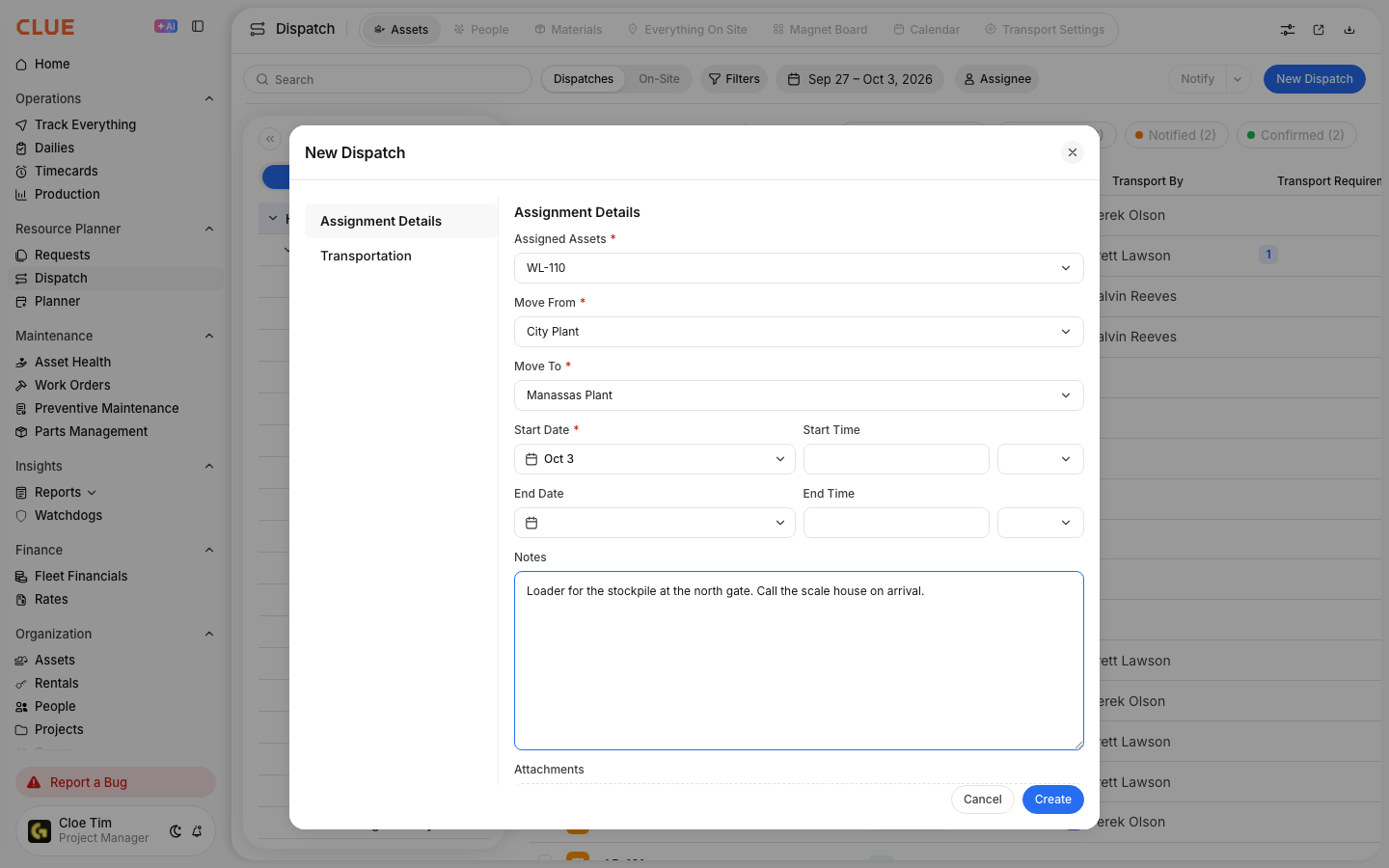 New Dispatch form with a wheel loader selected, Move From and Move To projects, start date, and notes