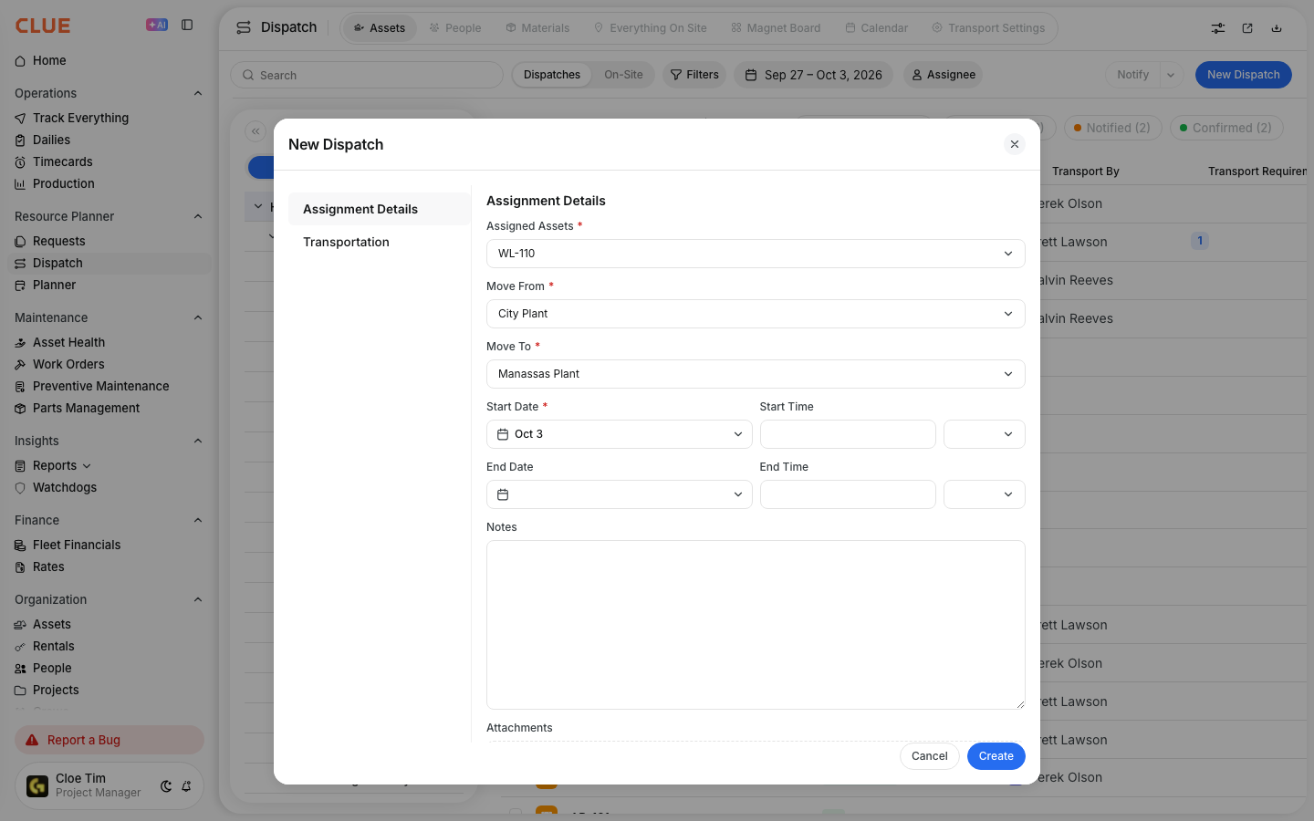 New Dispatch form with an asset selected and Move From and Move To projects chosen