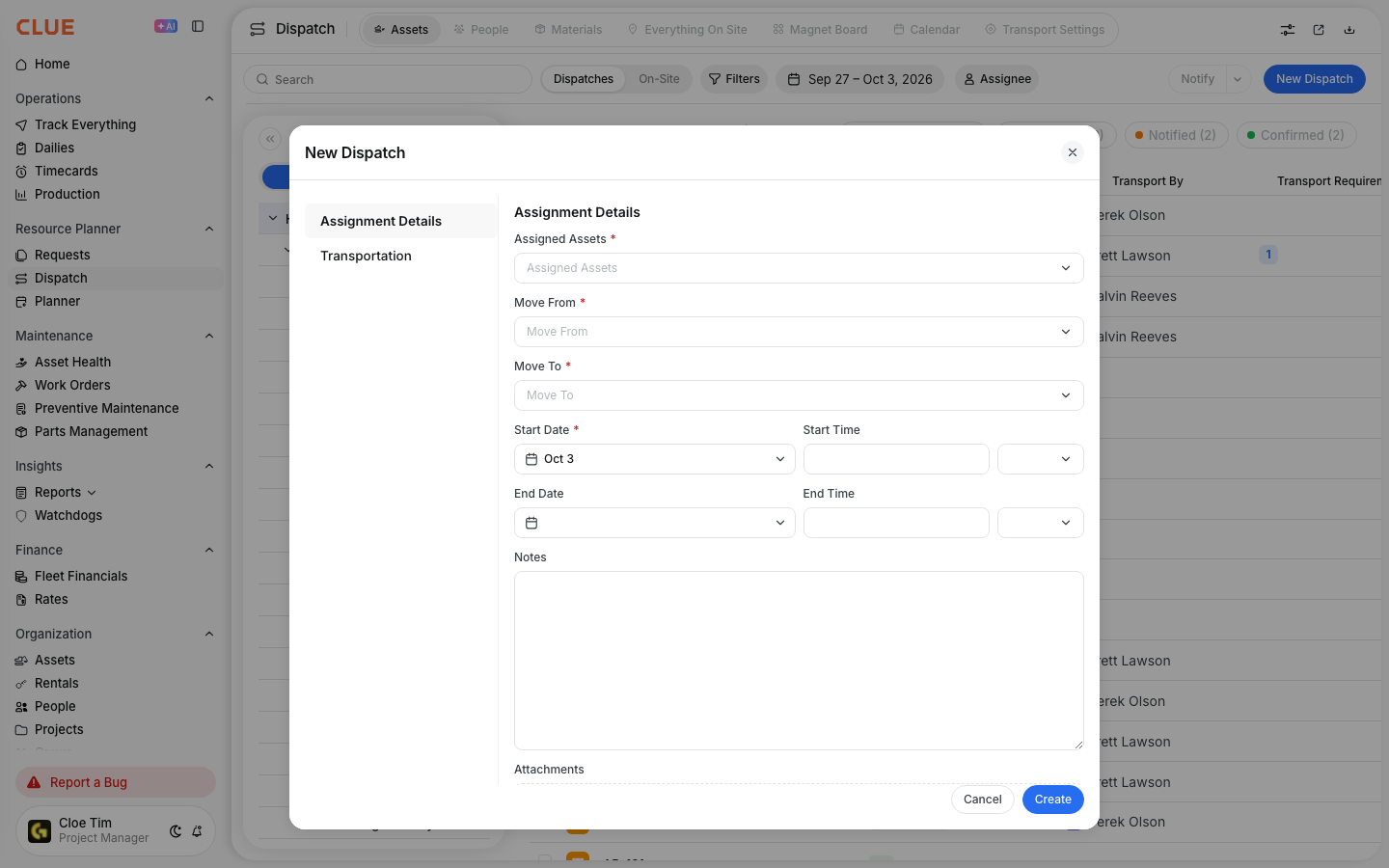 Empty New Dispatch form with Assigned Assets, Move From, Move To, dates, and notes fields