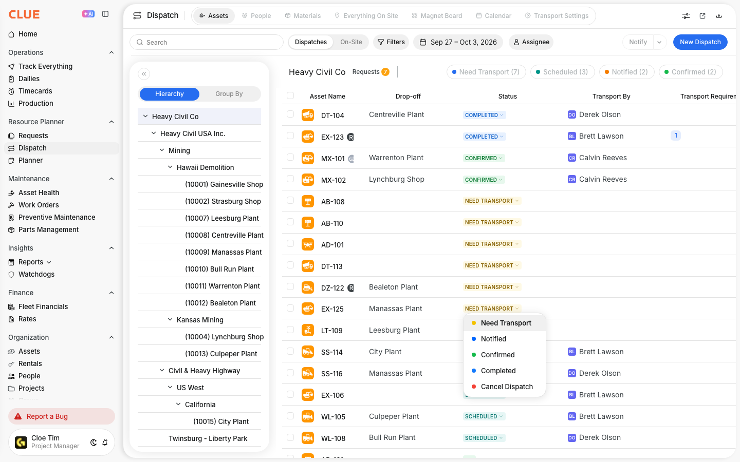 Dispatch status menu open on the board showing Need Transport, Notified, Confirmed, Completed, and Cancel Dispatch