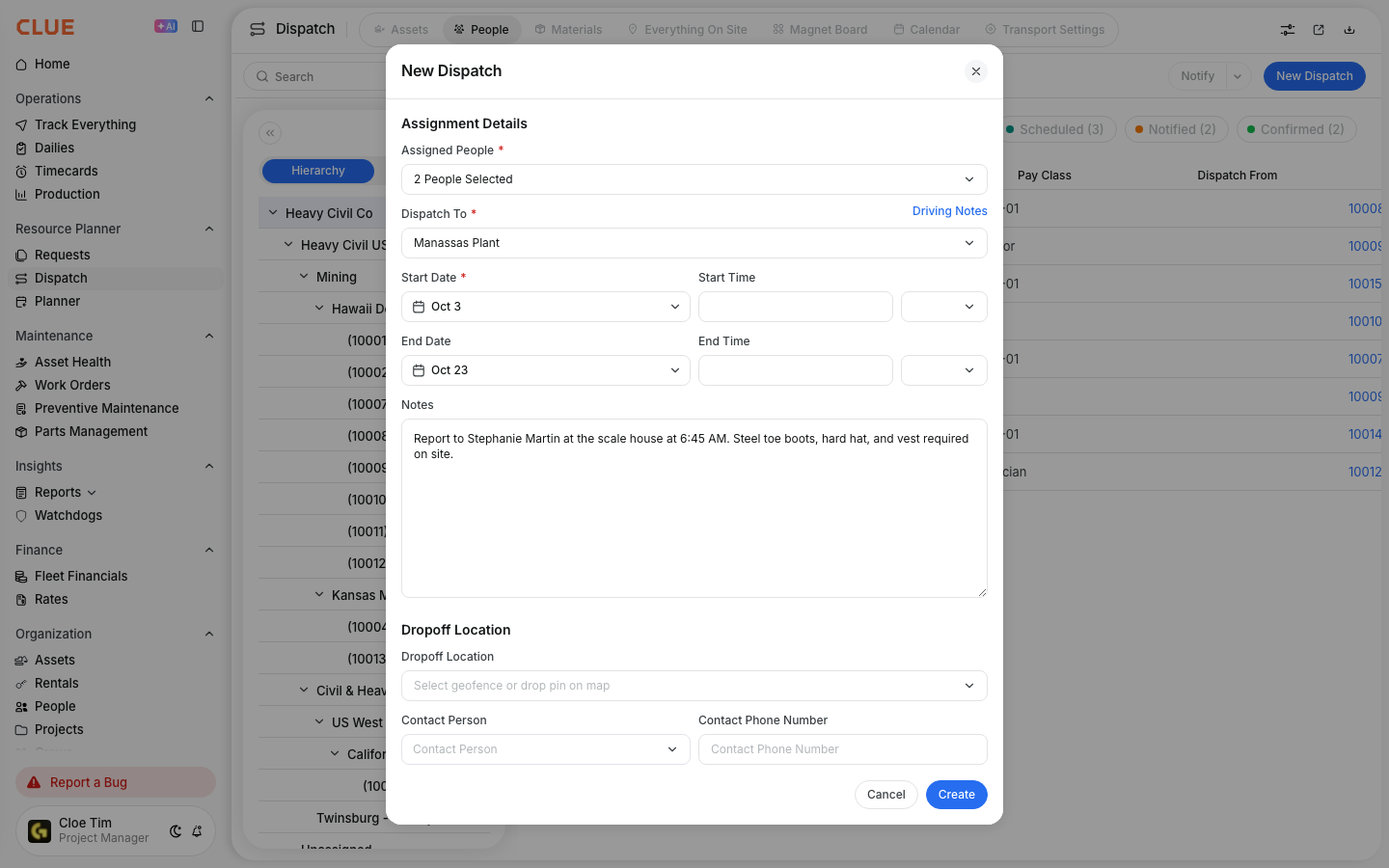 New Dispatch form for people with project, start and end dates, and site reporting instructions in Notes