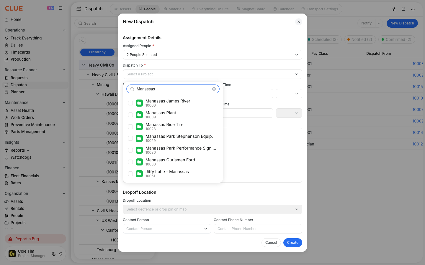 Dispatch To project list filtered by a search term to pick the destination job site