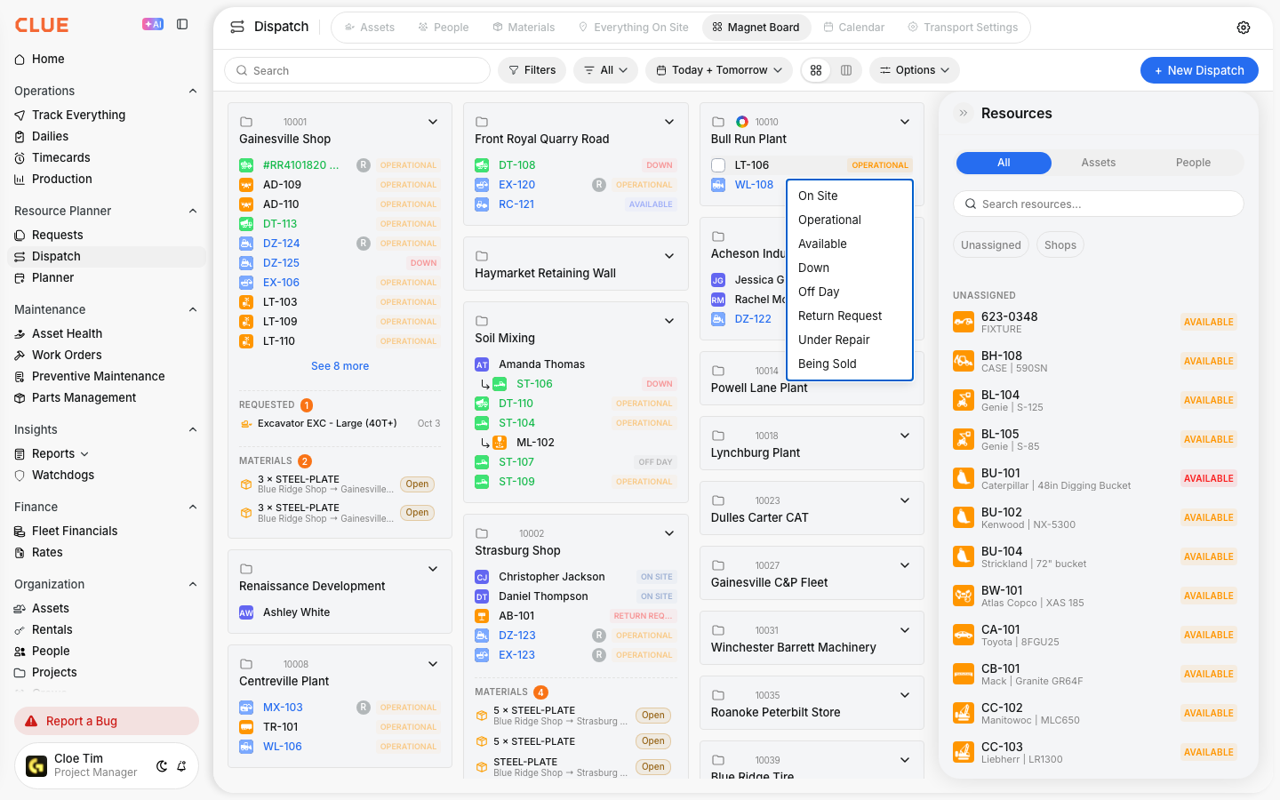 Availability status menu open on a project card with options like On Site, Operational, Available, Down, and Off Day