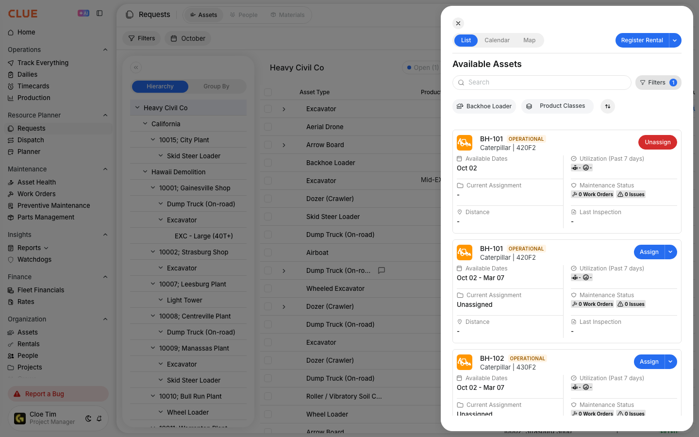 Available Assets panel for a backhoe request showing matching units with Assign and Unassign buttons