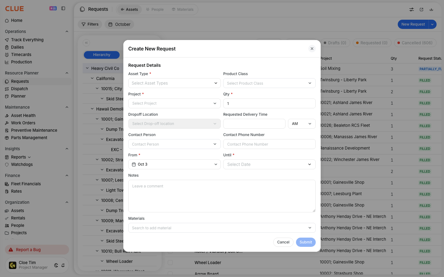 Create New Request form with Asset Type, Product Class, Project, Qty, contact, and date fields