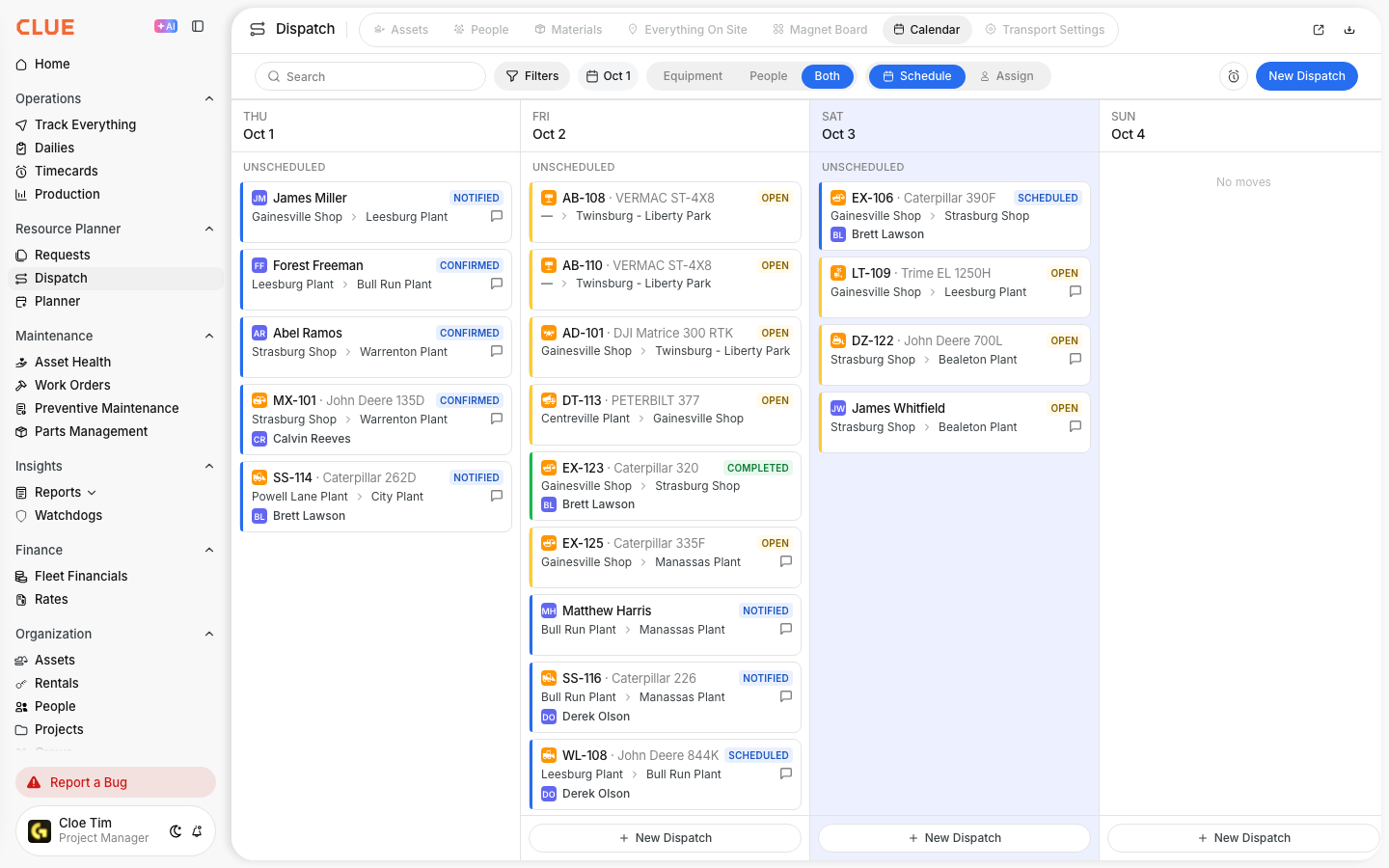 Dispatch Calendar showing equipment and people moves by day with origin, destination, status, and driver
