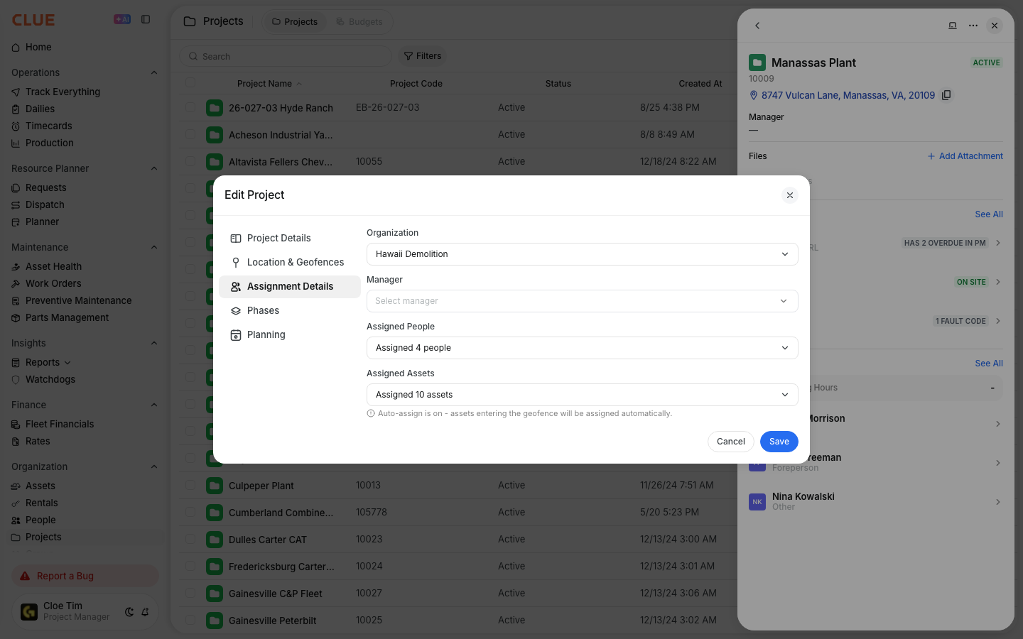 Assignment Details tab of a project showing the organization, manager, assigned people, and assigned assets