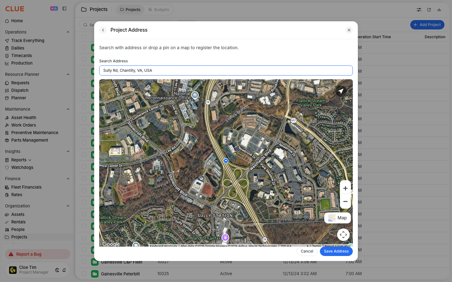 Project Address window with a job site address searched and its location pinned on the satellite map