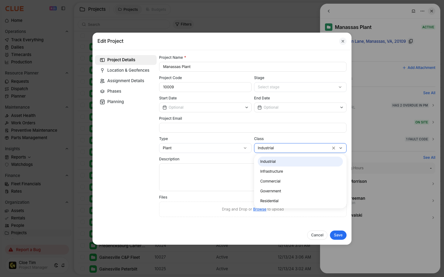 Class dropdown in the Edit Project form listing Industrial, Infrastructure, Commercial, Government, and Residential