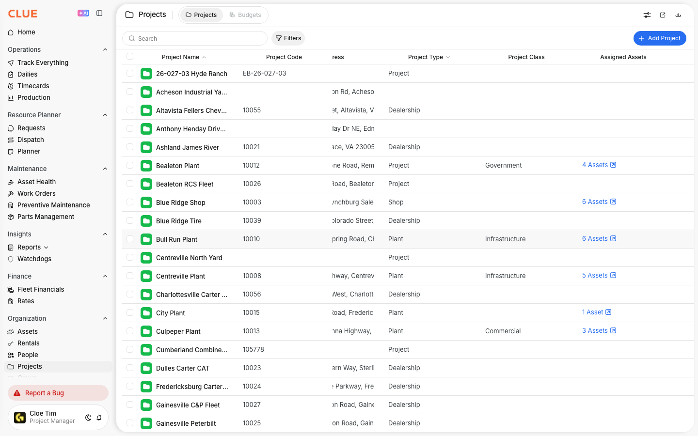 Projects directory with Project Type and Project Class columns shown next to each job site's assigned assets
