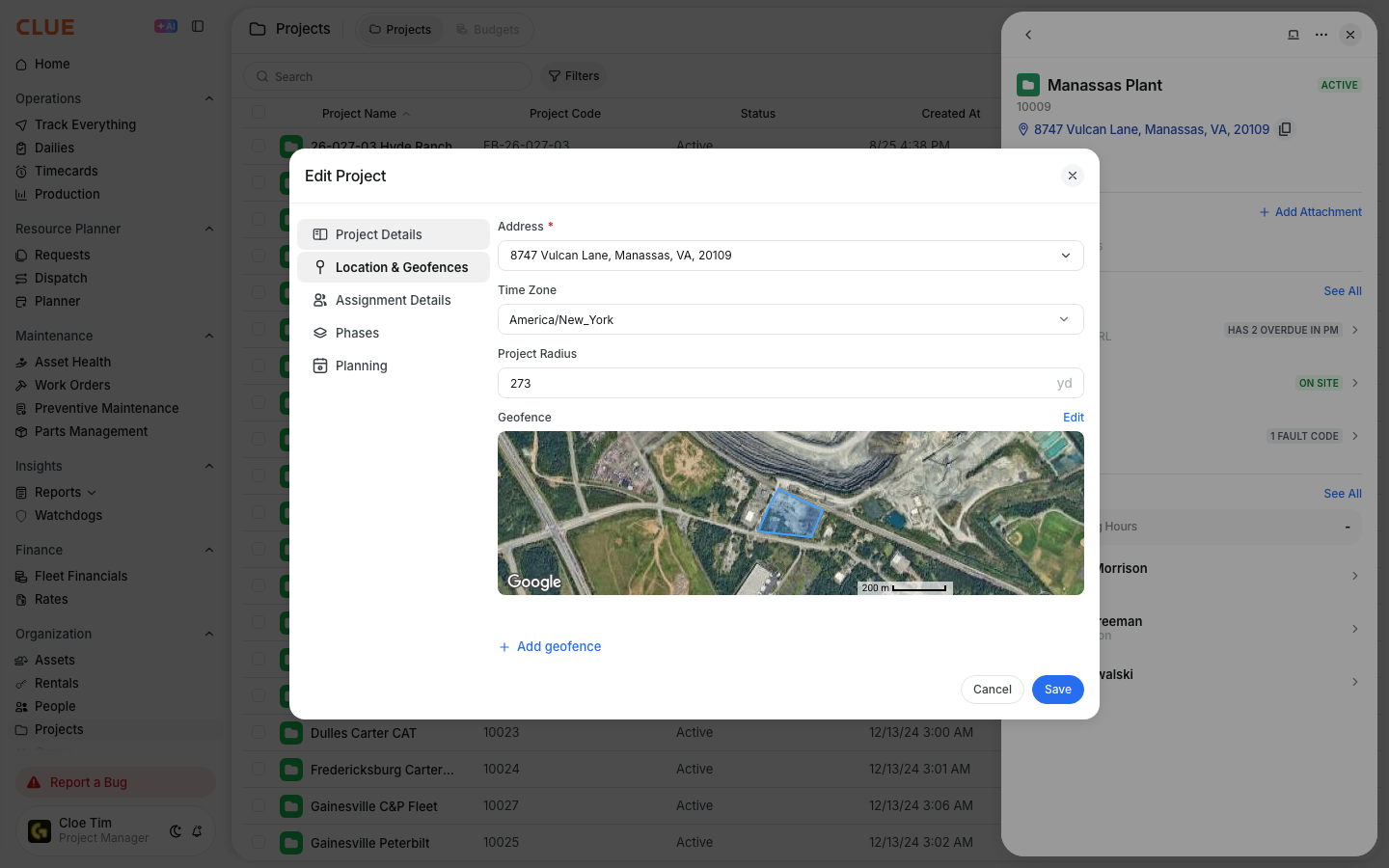 Location and Geofences tab of a project showing the address, local time zone, project radius, and geofence