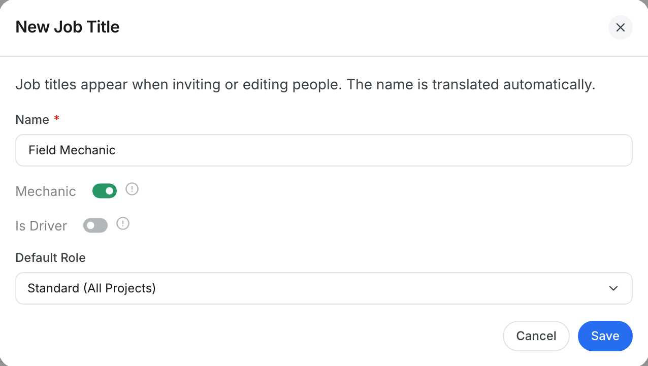 New Job Title window with a Field Mechanic title and the Mechanic switch turned on