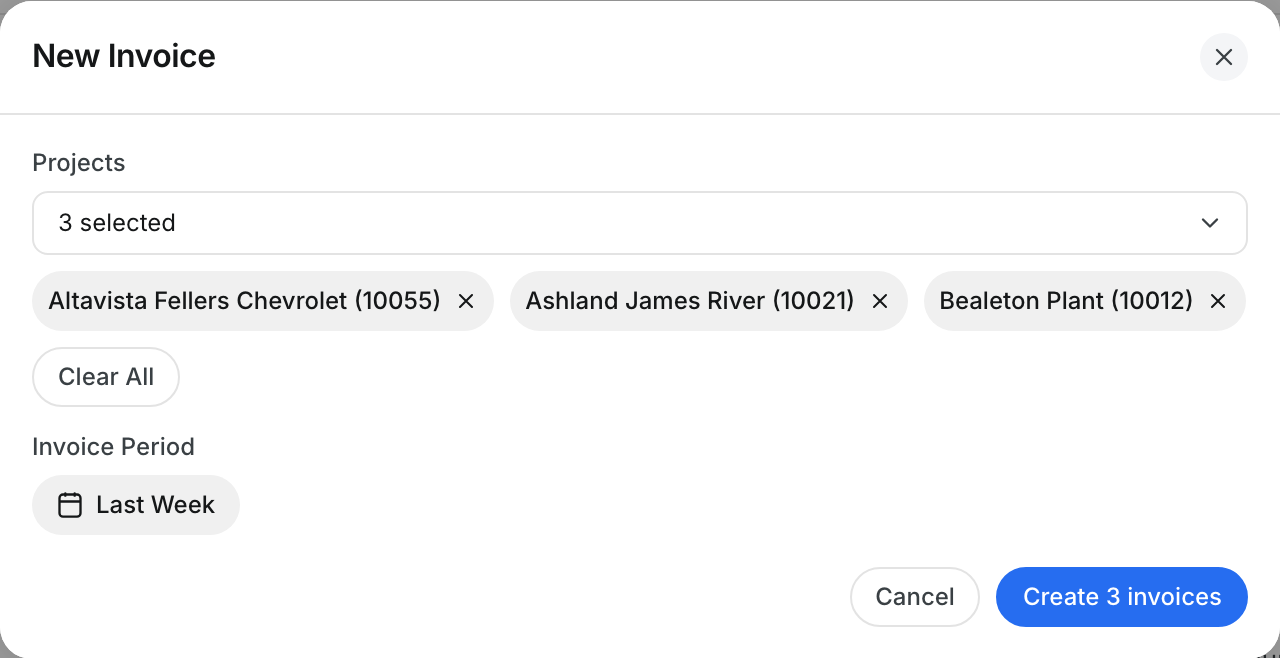 New Invoice dialog with three projects selected and a Create 3 invoices button