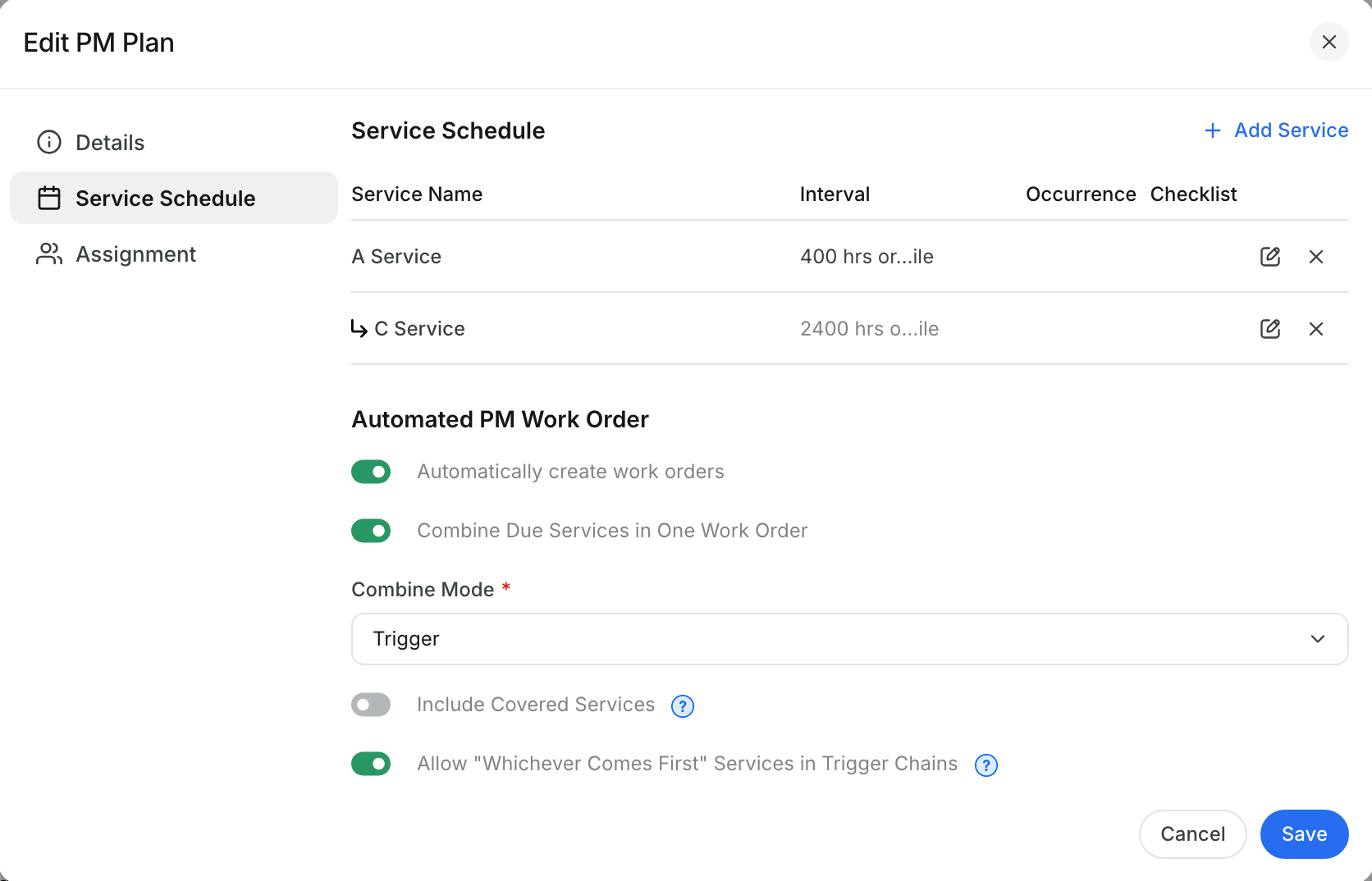 PM plan with an A service and a C service in a trigger chain, and the Whichever Comes First switch turned on