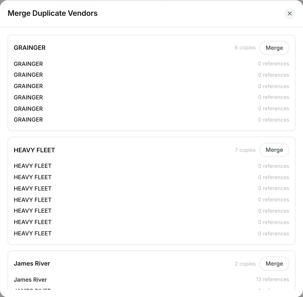 Merge Duplicate Vendors list grouping vendors with the same name