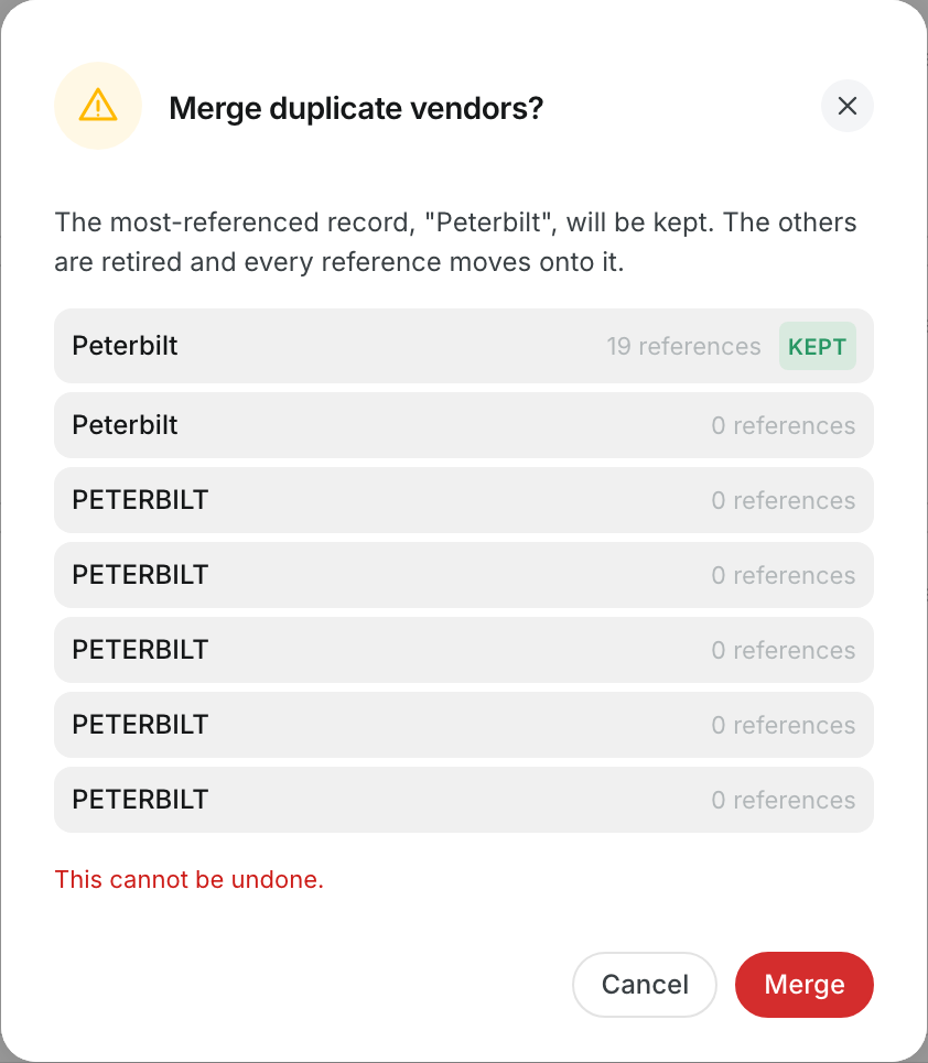 Merge confirmation showing the vendor that will be kept and the copies that will be retired