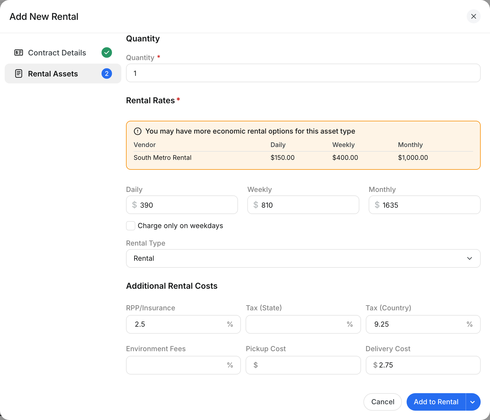 Add New Rental with daily, weekly and monthly rates filled in from the vendor rate sheet and a cheaper vendor shown above