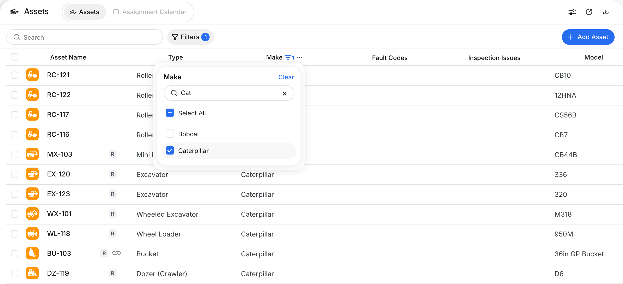 Asset Directory filtered to Caterpillar from the Make column header