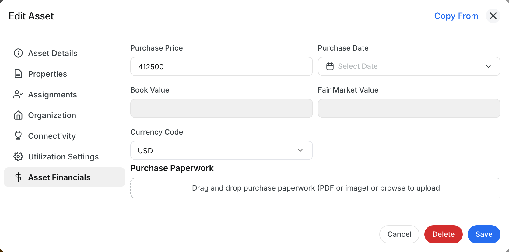 Asset Financials in Edit Asset, with the purchase price and the new Purchase Paperwork drop area