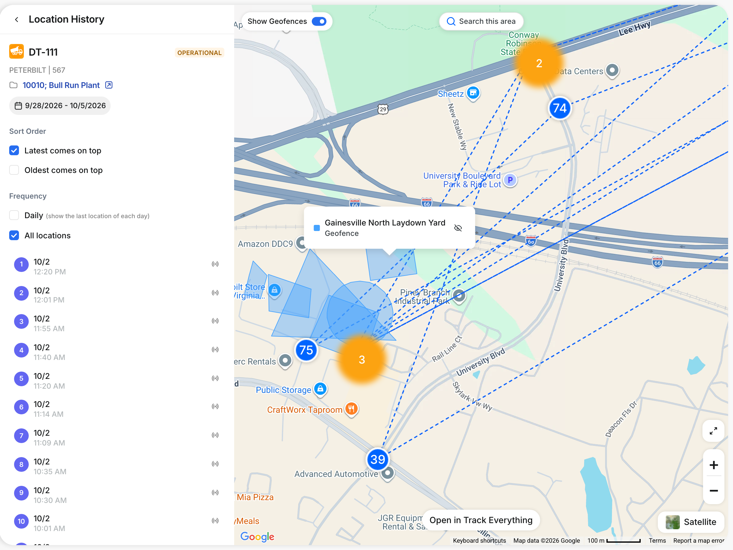 Location History map showing an asset's path with geofences and a geofence name on hover