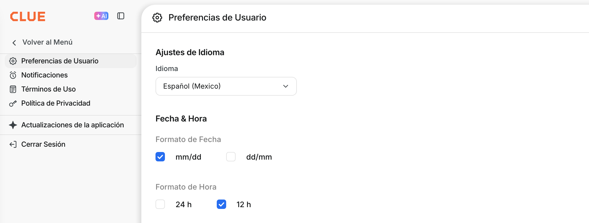 User Preferences in Spanish, with the menu, language settings and date and time options 