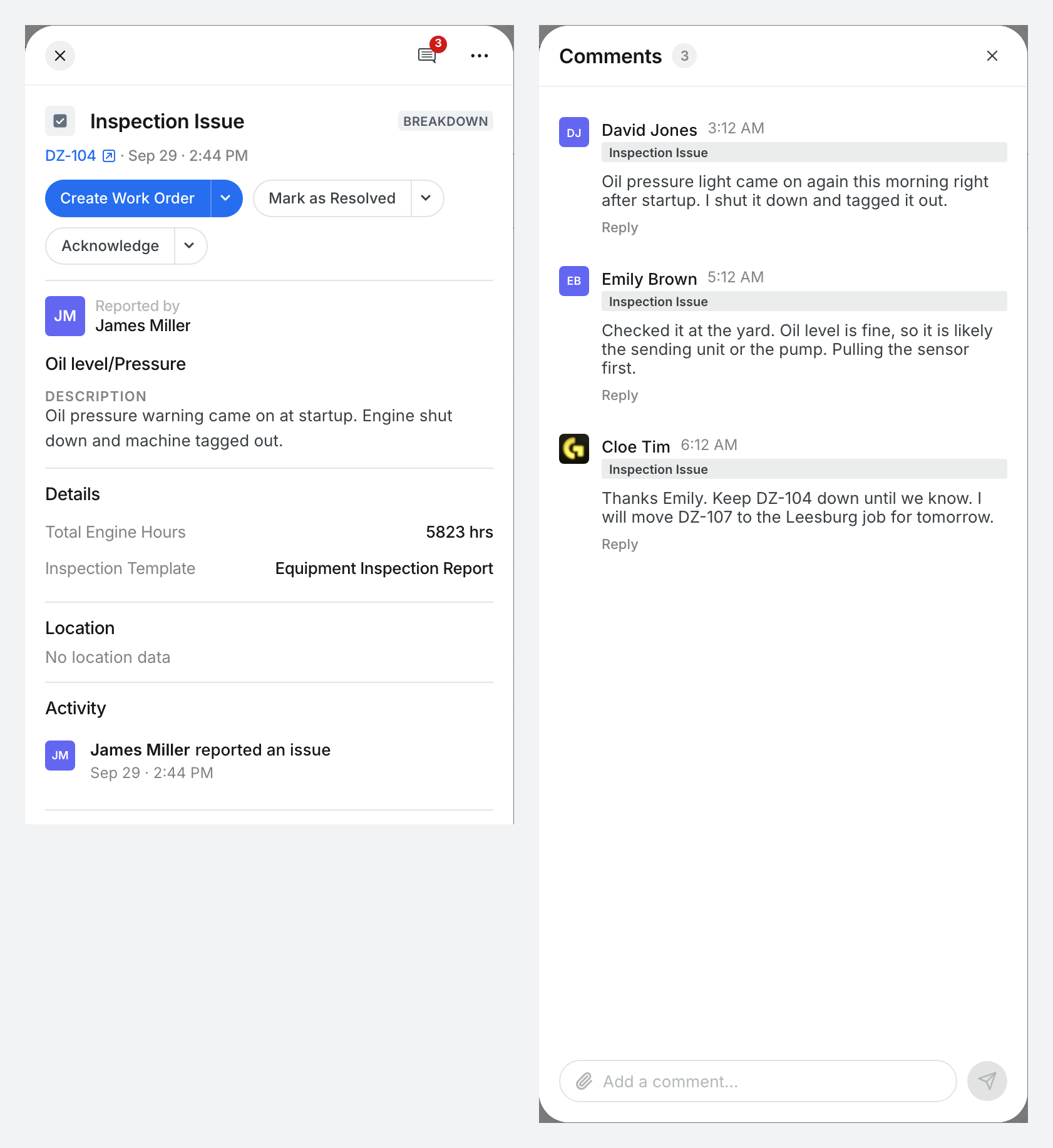 An inspection issue with its comment thread open, showing a conversation about the repair