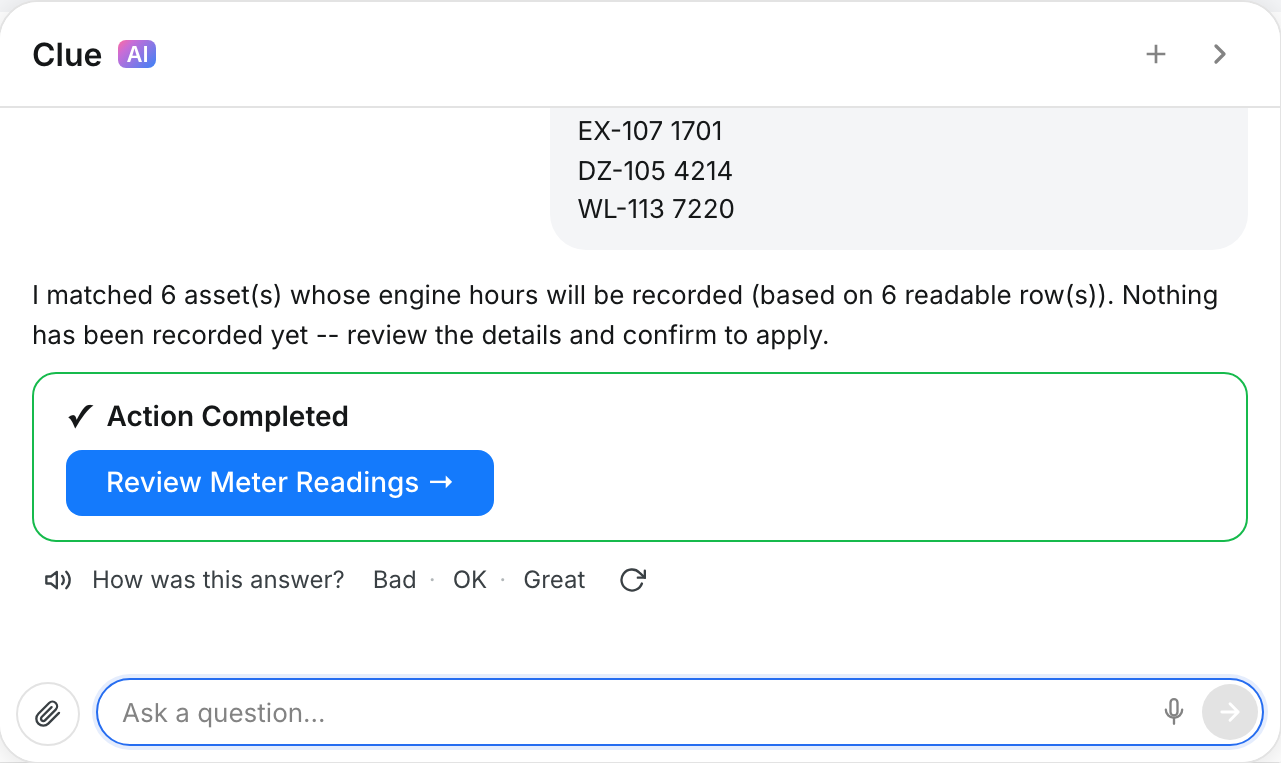 Clue AI chat on the Utilization Report matching a pasted list of engine hour readings