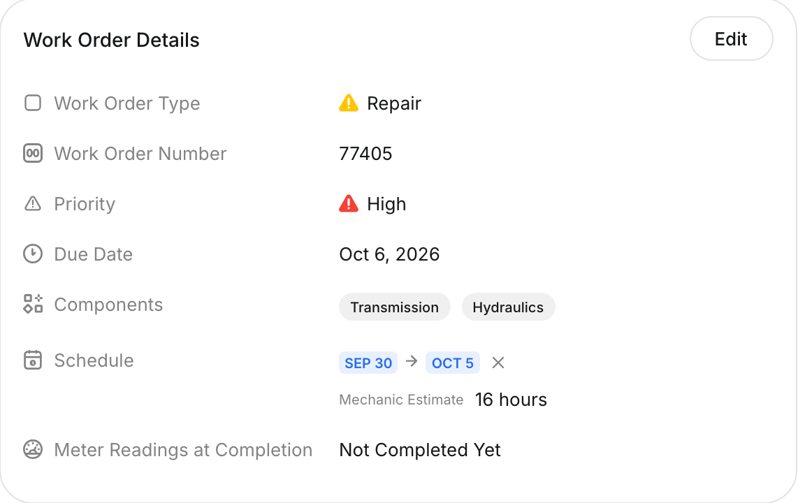 Work Order Details showing the Transmission and Hydraulics components assigned