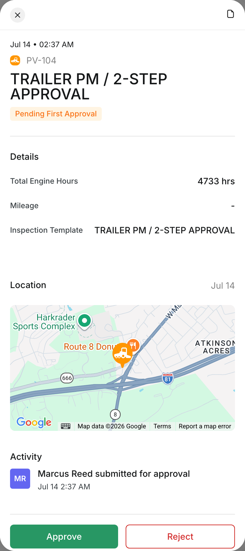 Inspection waiting for first approval, with Approve and Reject buttons and the submission in its activity history