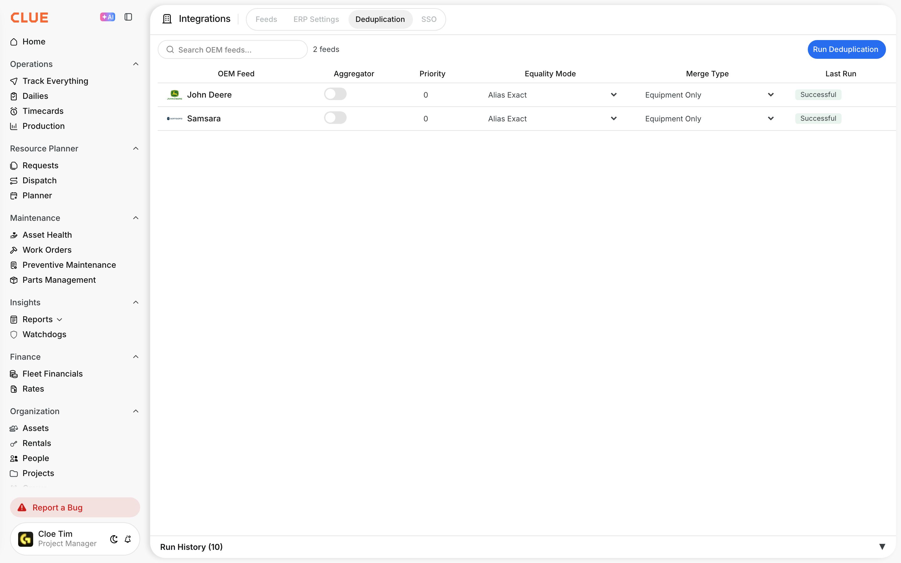 Deduplication settings, one row per data source