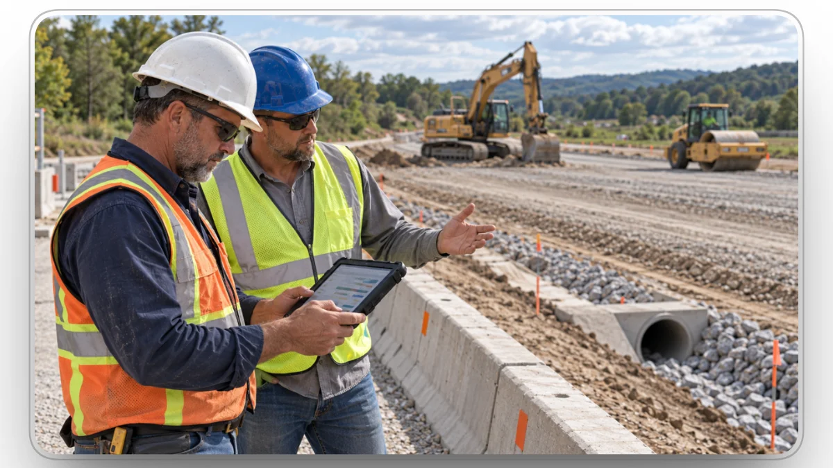 Site managers reviewing a weekly equipment schedule beside an excavator and road roller