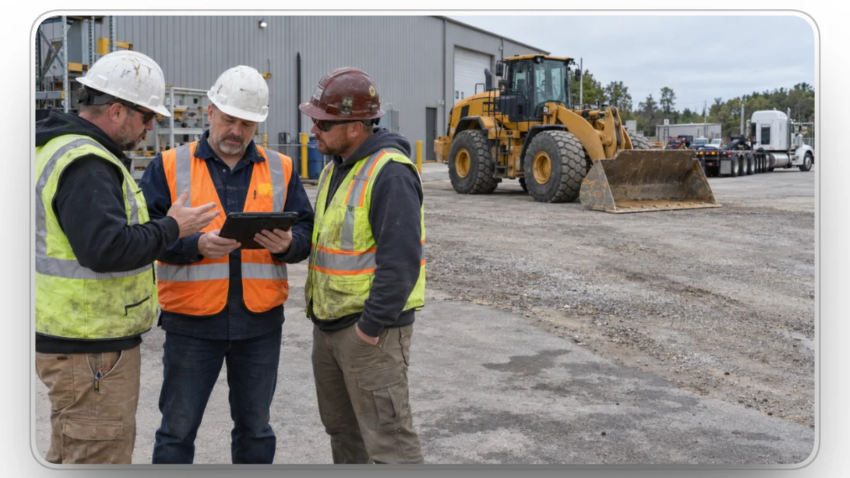 Construction crew reviewing equipment scheduling on a tablet beside a wheel loader