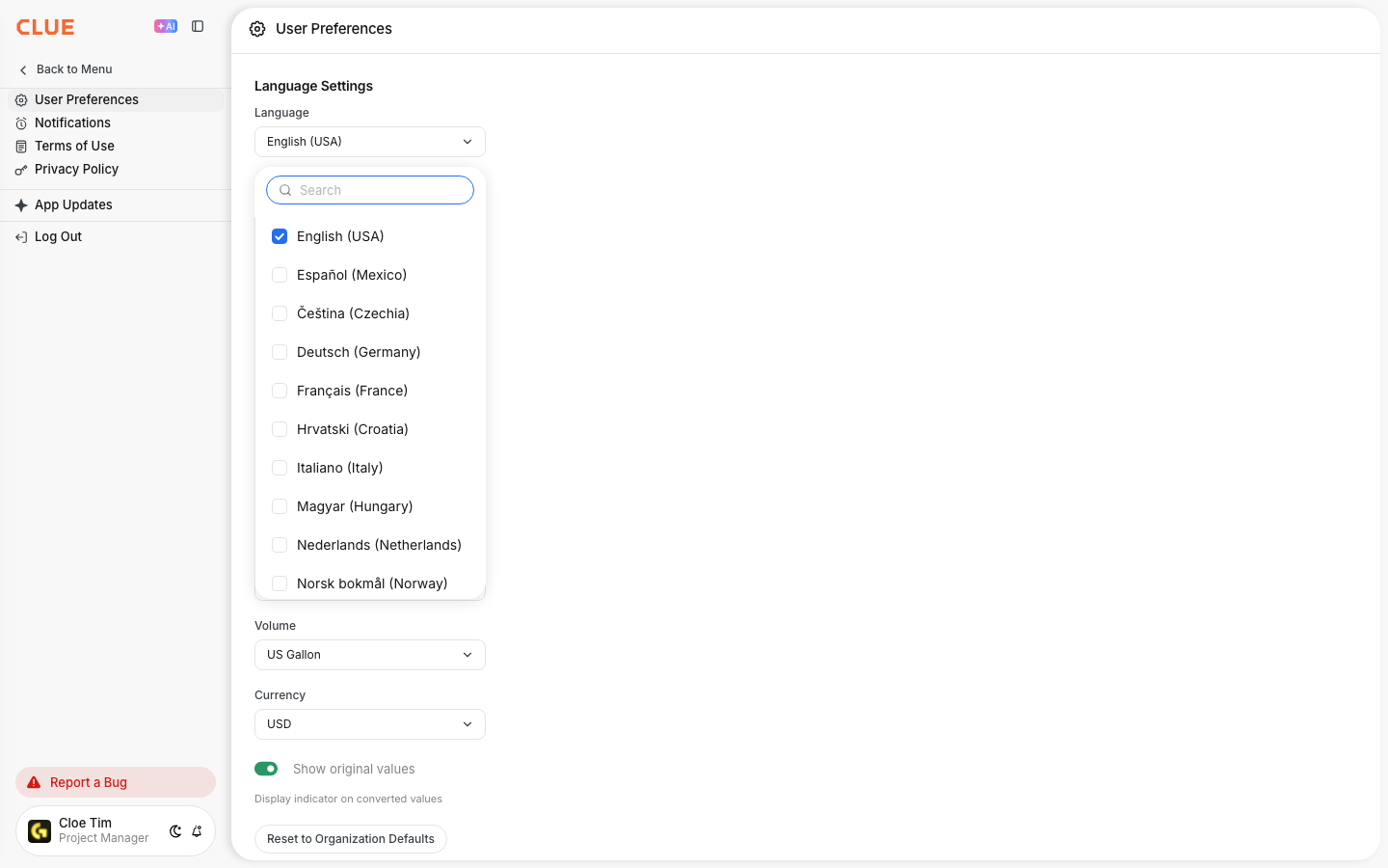 The Language list on the User Preferences page, showing English, Spanish, Czech, German, French and more