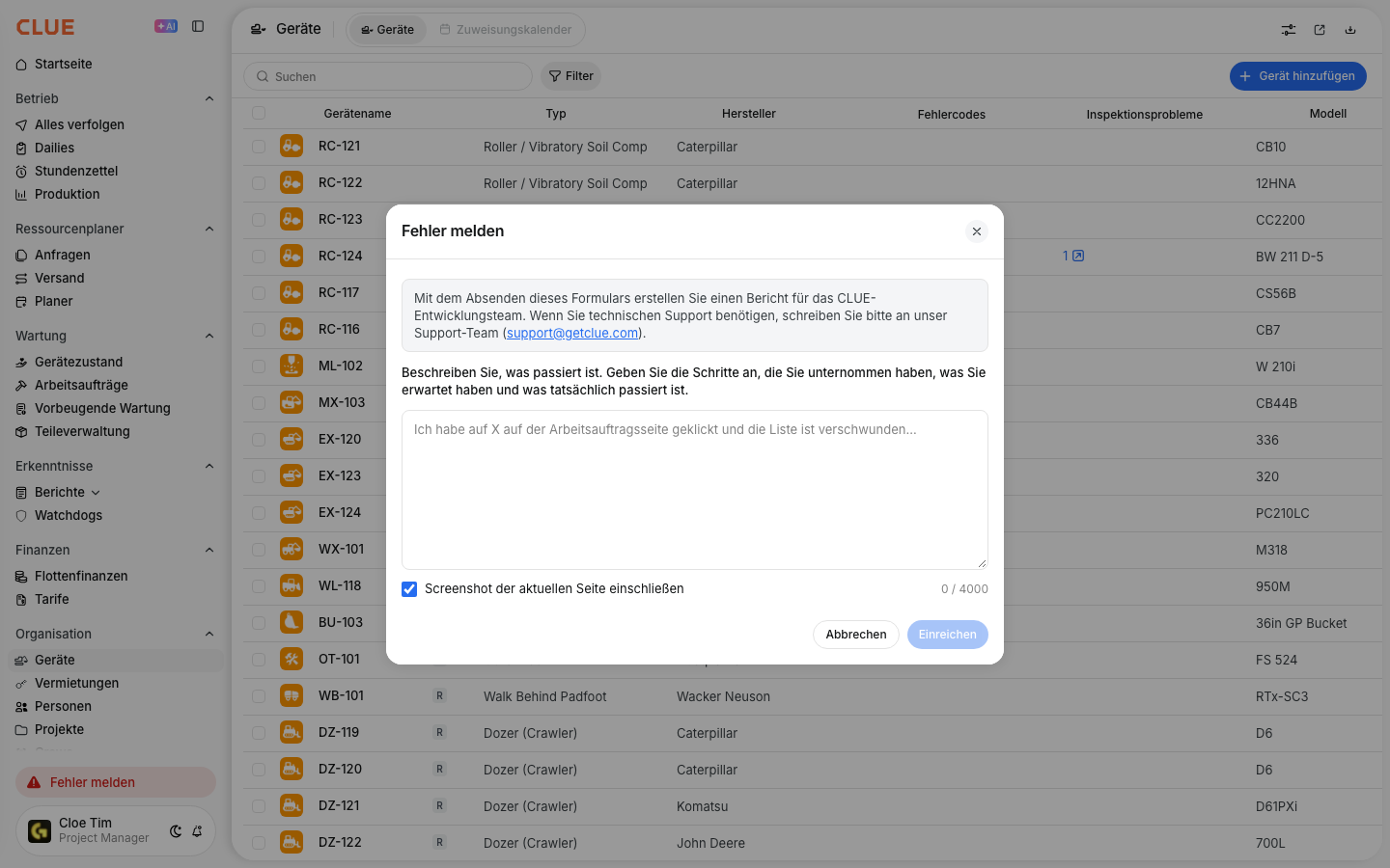 The Report a Bug window shown in German