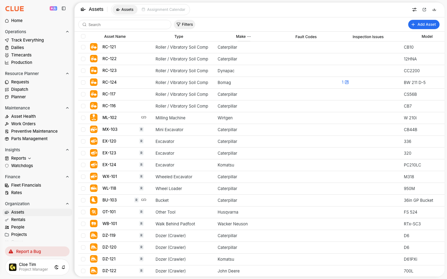 Asset Directory with the column options button showing on the Make header