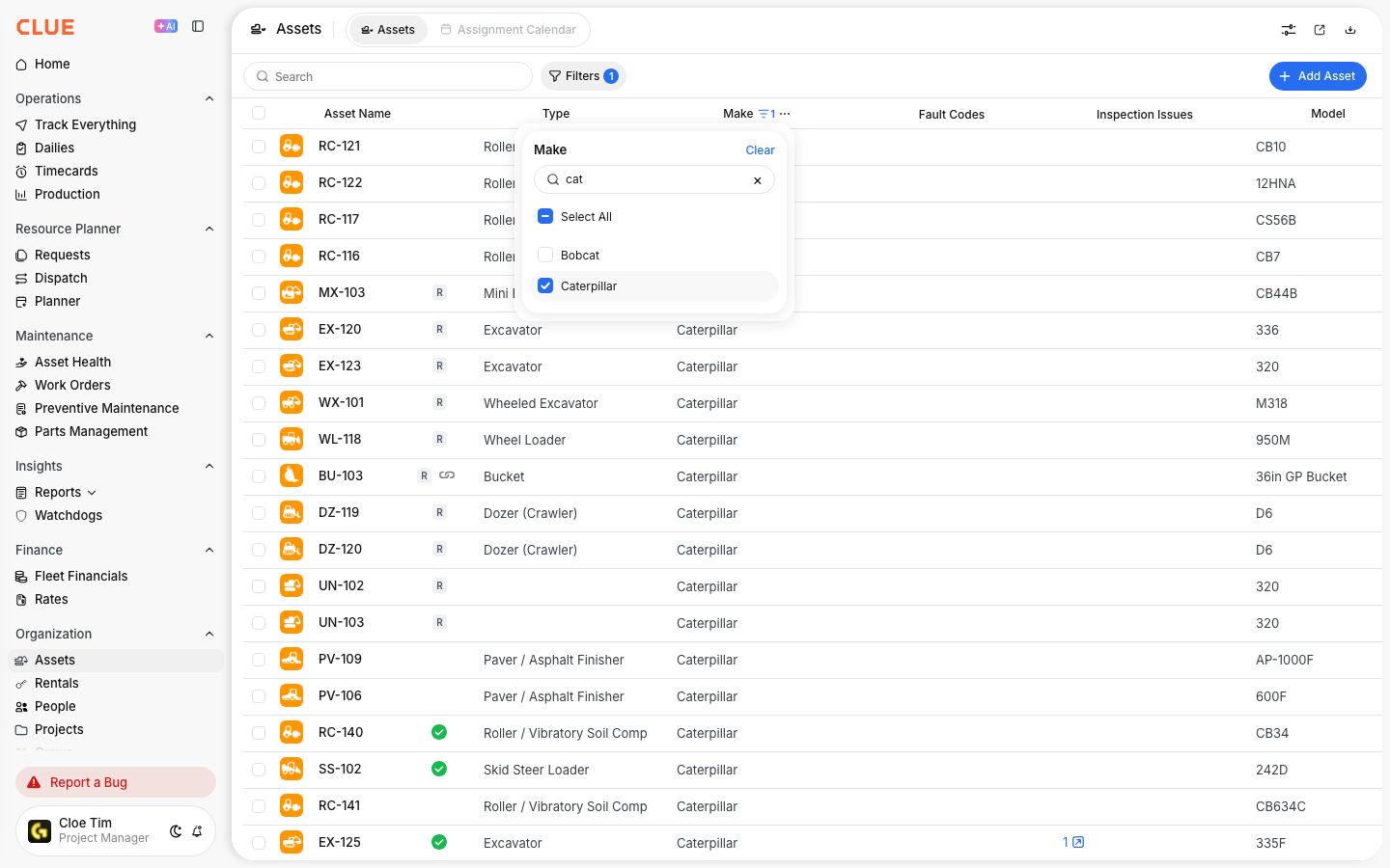 Make column filter with Caterpillar selected