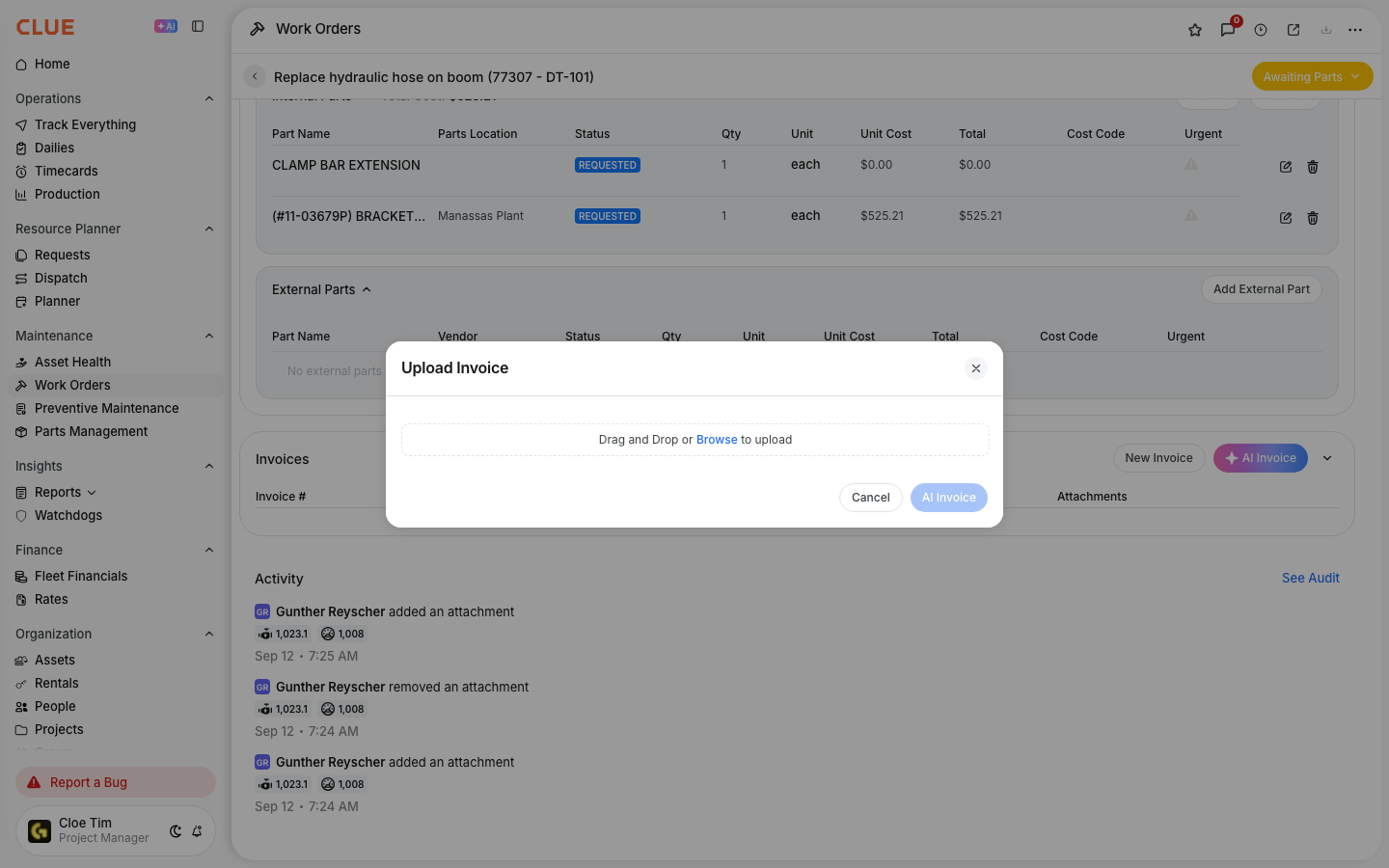 Upload Invoice window with the drag and drop area