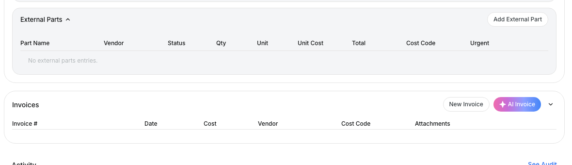 Invoices section of a work order with the AI Invoice button