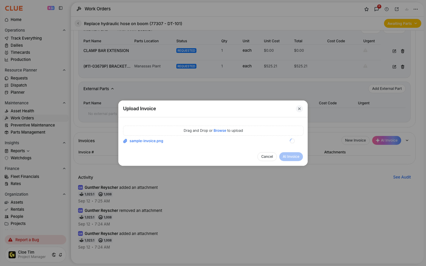 Upload Invoice window with a photo of an invoice selected