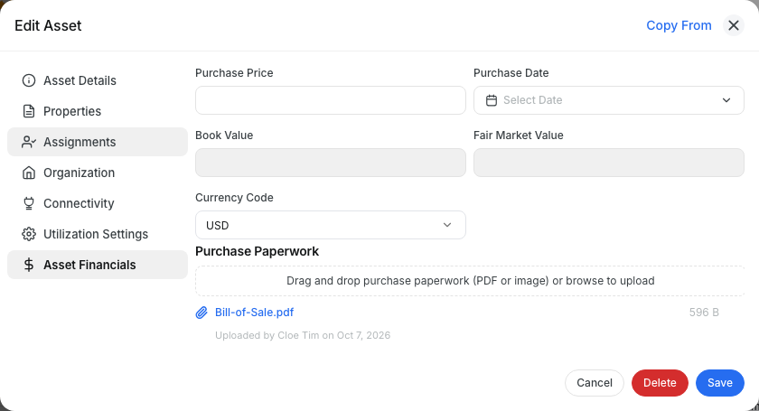 Purchase Paperwork area in Asset Financials with an uploaded bill of sale