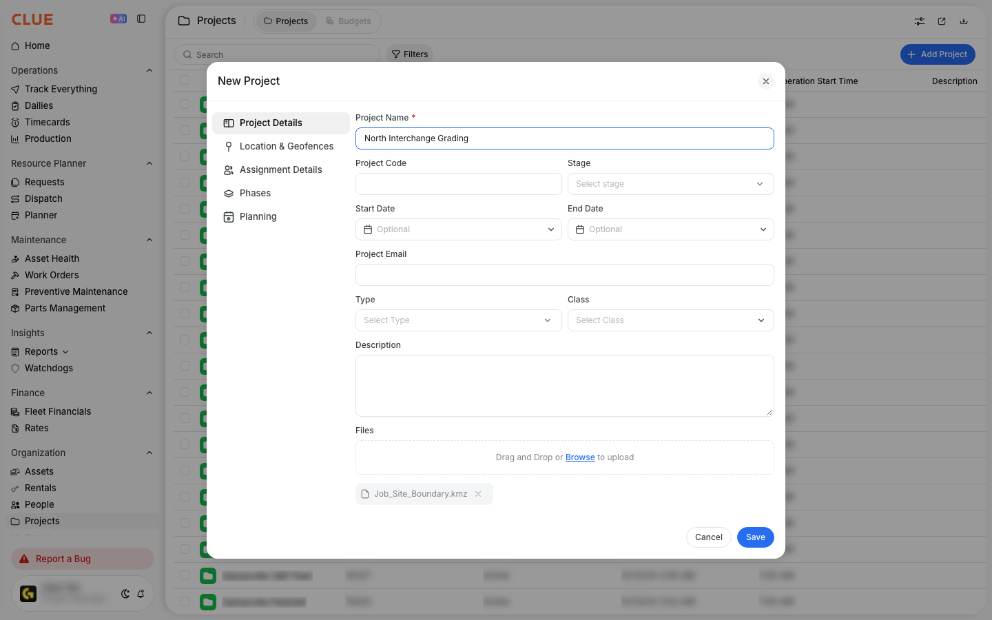 A .kmz file attached in the Files section of the New Project form