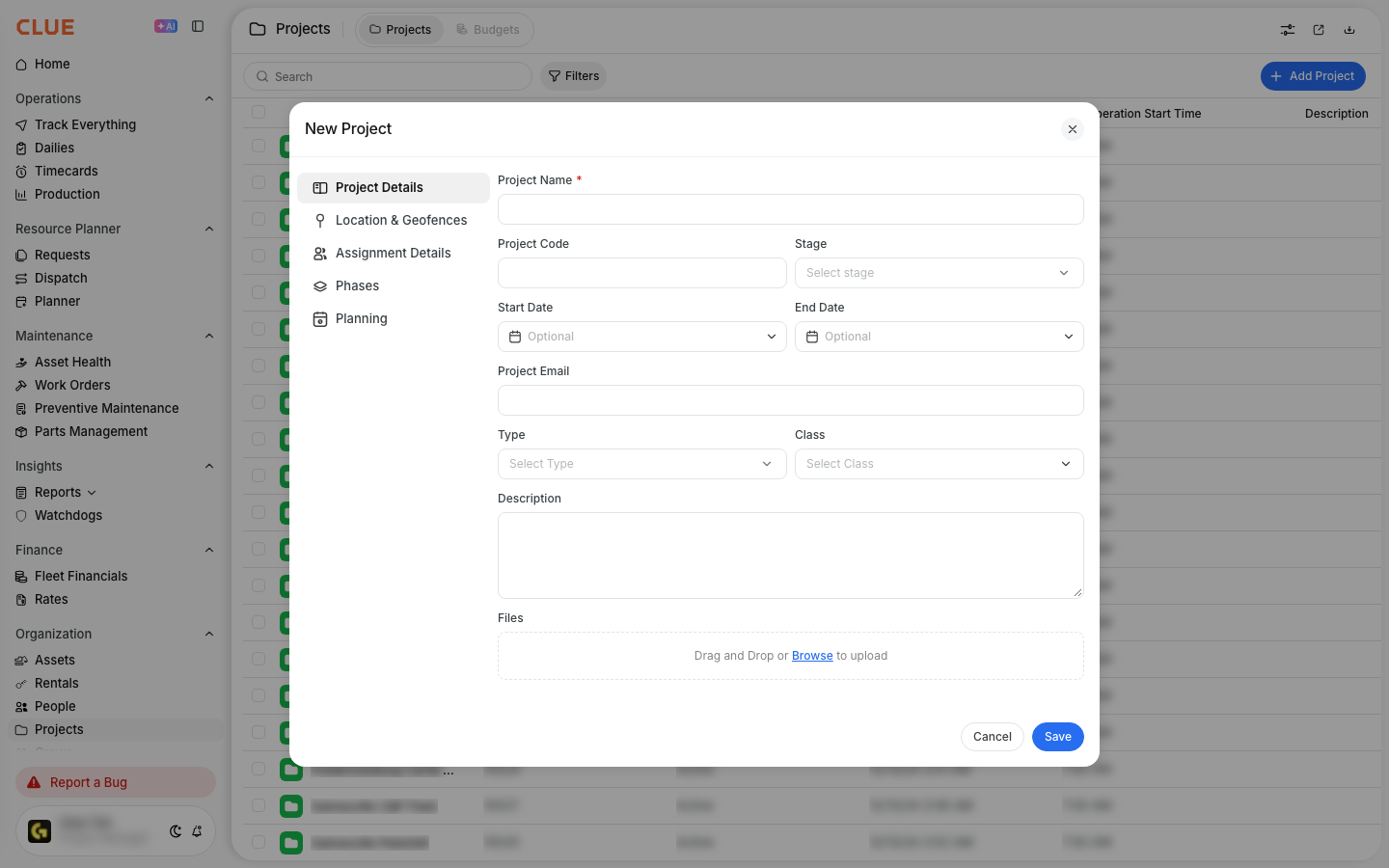 New Project form with the Files upload area at the bottom