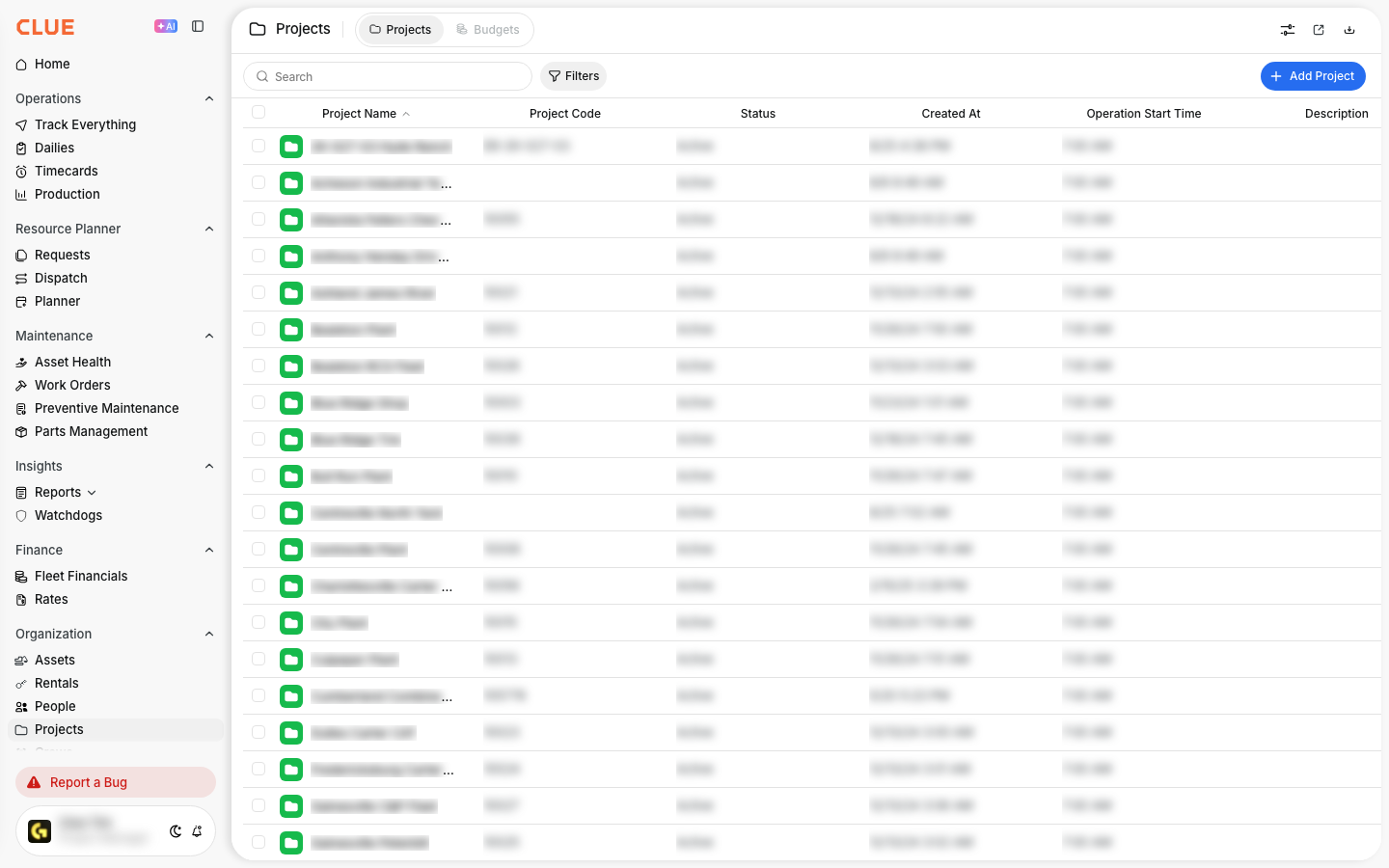 Projects page with the Add Project button in the top right