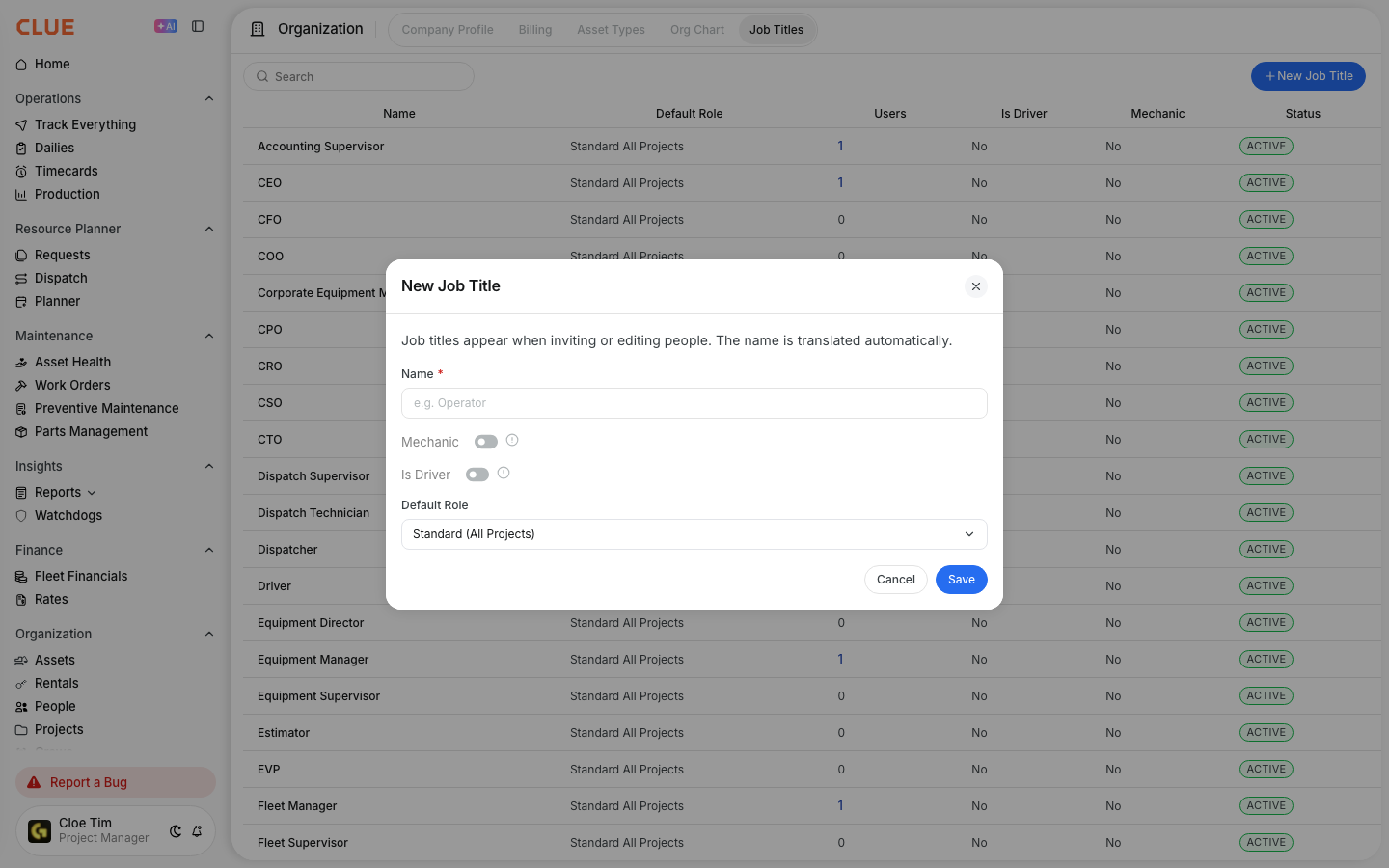 New Job Title window with Name, Mechanic, Is Driver and Default Role fields