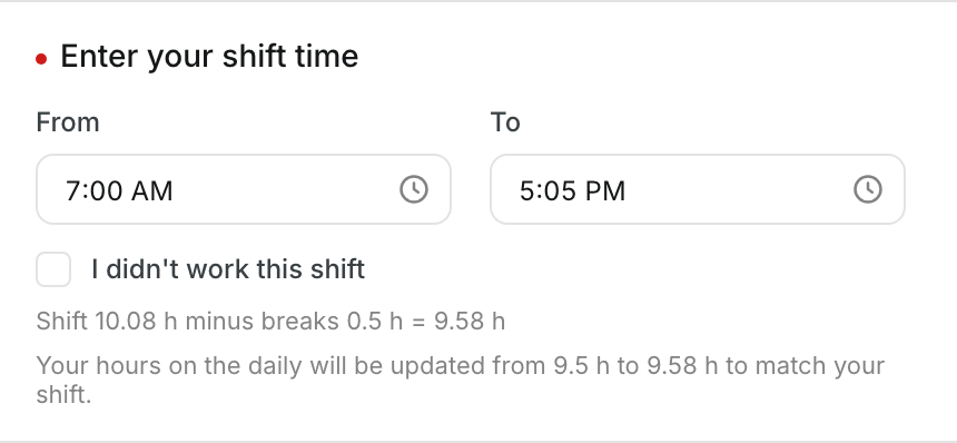 The form says the hours on the daily will be updated from 9.5 h to 9.58 h