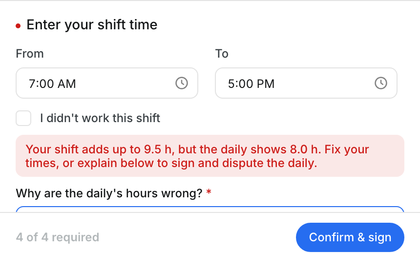 A red message that the shift adds up to 9.5 h but the daily shows 8.0 h, with a reason box