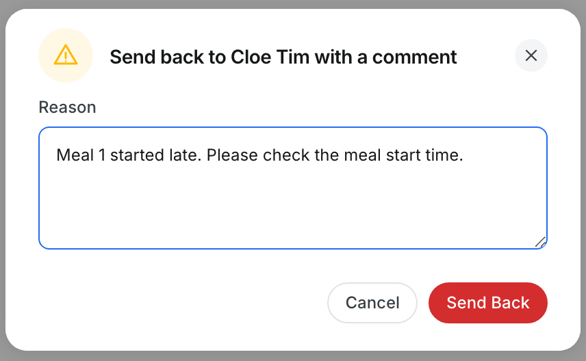 The Send back dialog with a reason, Cancel and Send Back